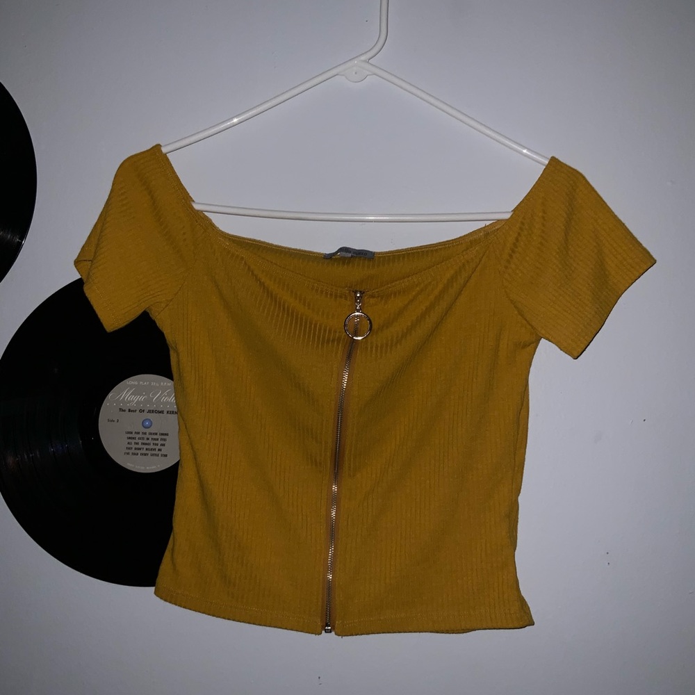 Yellow/ mustard colored off the shoulder crop top